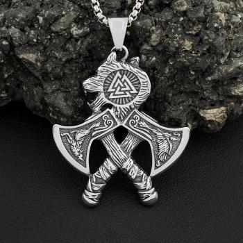 Vintage Vikings-Halskette mit Doppelaxt-Anhänger, 316L Edelstahl, verblasst nicht, klassische Wolfskopf-Halsketten, nordischer Schmuck